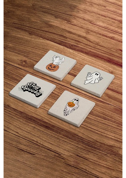 Halloween Spooky Ghost Temalı Doğal Taş Traverten Bardak Altlığı 4 Lü Set modelleri