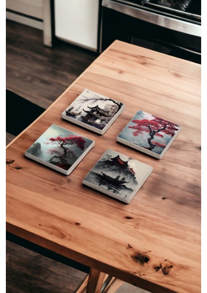 Japon Doğası ve Kiraz Çiçeği Stone Coasters Doğal Taş Traverten Bardak Altlığı 4 Lü Set