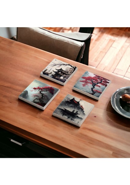 Japon Doğası ve Kiraz Çiçeği Stone Coasters Doğal Taş Traverten Bardak Altlığı 4 Lü Set modelleri