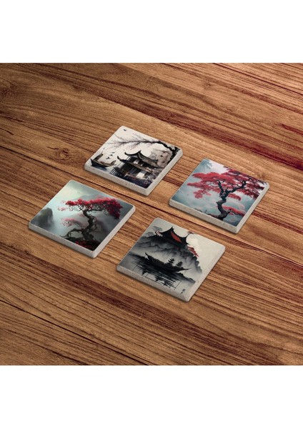Japon Doğası ve Kiraz Çiçeği Stone Coasters Doğal Taş Traverten Bardak Altlığı 4 Lü Set fırsatları