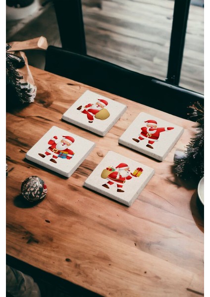 Santa Claus Noel Baba Temalı Doğal Taş Traverten Bardak Altlığı 4 Lü Set