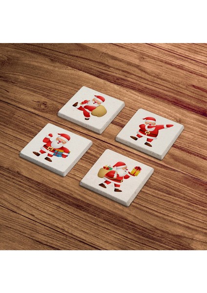 Santa Claus Noel Baba Temalı Doğal Taş Traverten Bardak Altlığı 4 Lü Set modelleri