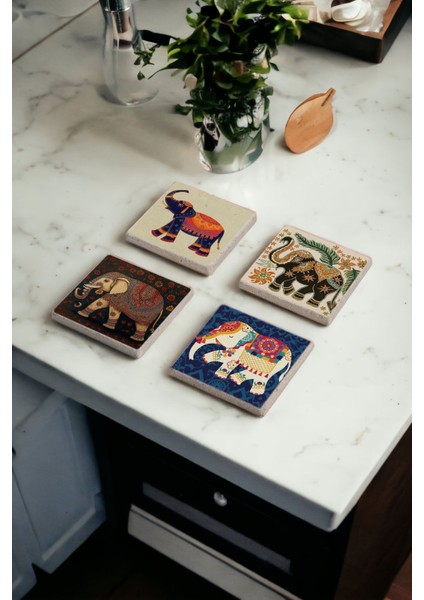 Indian Elephant Art Doğal Taş Traverten Bardak Altlığı 4 Lü Set