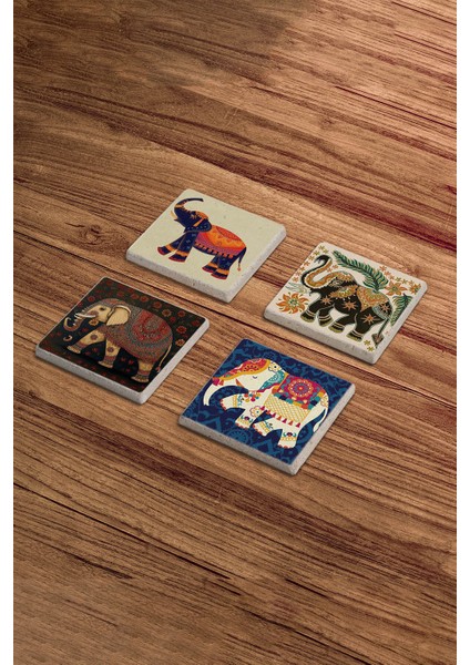 Indian Elephant Art Doğal Taş Traverten Bardak Altlığı 4 Lü Set modelleri