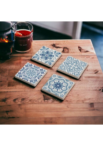 Açık Mavi Tile Desen, Maxican Talavera Doğal Taş Traverten Bardak Altlığı 4 Lü Set modelleri