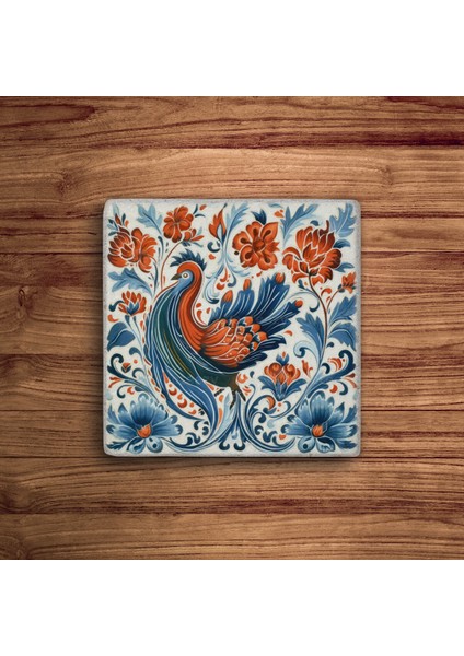 Baum Atelier Horoz Tema Floral Çiçekli Tile Doğal Taş Traverten Bardak Altlığı 4 Lü Set