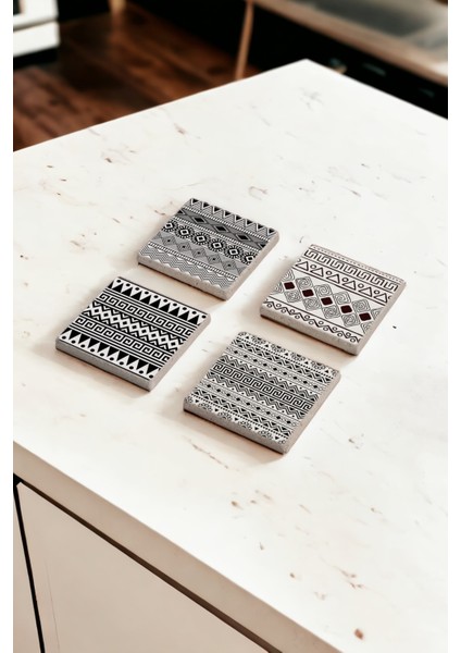 Greek Ornament, Moroccan Desen Doğal Taş Traverten Bardak Altlığı 4 Lü Set