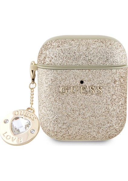 Airpod Uyumlu Kılıf Guess Orjinal Lisanslı Glitter Elmas Kalp Süs Zincirli Gold