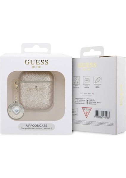 Airpod Uyumlu Kılıf Guess Orjinal Lisanslı Glitter Elmas Kalp Süs Zincirli Gold