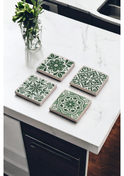 Yeşil Tile Desen, Mexican Talavera Doğal Taş Traverten Bardak Altlığı 4 Lü Set