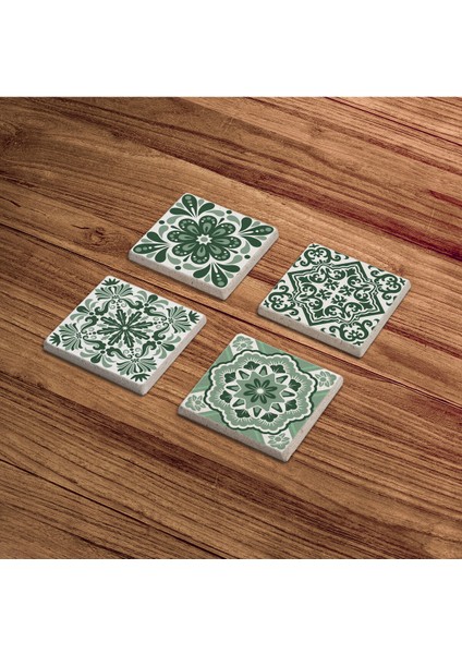 Yeşil Tile Desen, Mexican Talavera Doğal Taş Traverten Bardak Altlığı 4 Lü Set fırsatları