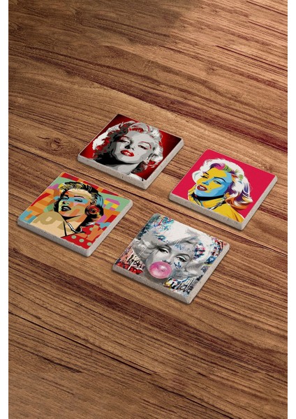 Marilyn Monroe Temalı Doğal Taş Traverten Bardak Altlığı 4 Lü Set
