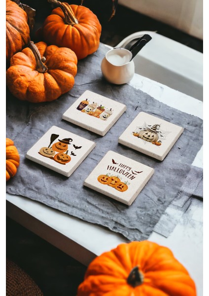 Halloween Pumpkin Temalı Doğal Taş Traverten Bardak Altlığı 4 Lü Set