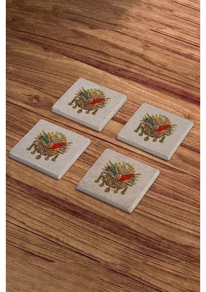Osmanlı Tuğrası Ottoman Temalı Doğal Taş Traverten Bardak Altlığı 4 Lü Set fiyatları