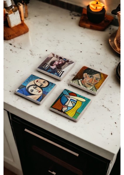 Pablo Picasso Tabloları Temalı Doğal Taş Traverten Bardak Altlığı 4 Lü Set