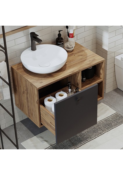 Ayaksız Lavabolu Mdf 75 cm Çekmeceli Banyo Dolabı