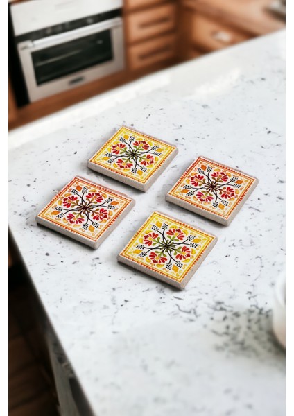 Sarı ve Turuncu Tile Desen Doğal Taş Traverten Bardak Altlığı 4 Lü Set