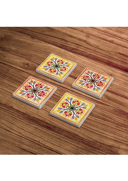Sarı ve Turuncu Tile Desen Doğal Taş Traverten Bardak Altlığı 4 Lü Set fırsatları