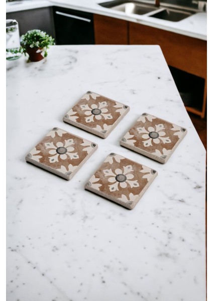 Bej Kahve Tile Desen Doğal Taş Traverten Bardak Altlığı 4 Lü Set