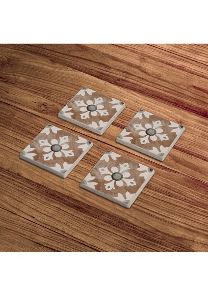 Bej Kahve Tile Desen Doğal Taş Traverten Bardak Altlığı 4 Lü Set