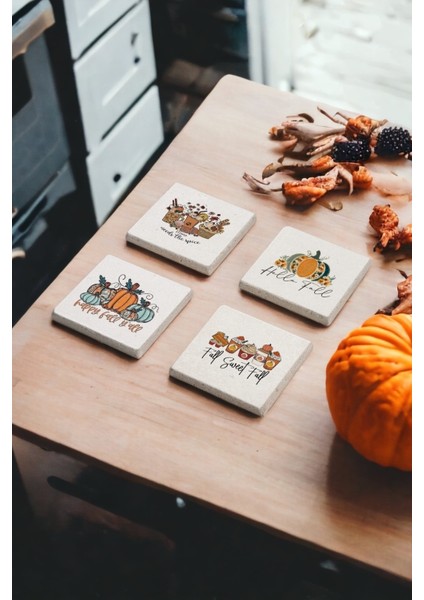 Pumpkin Spice Drink, Bal Kabaklı Içecek Doğal Taş Traverten Bardak Altlığı 4 Lü Set