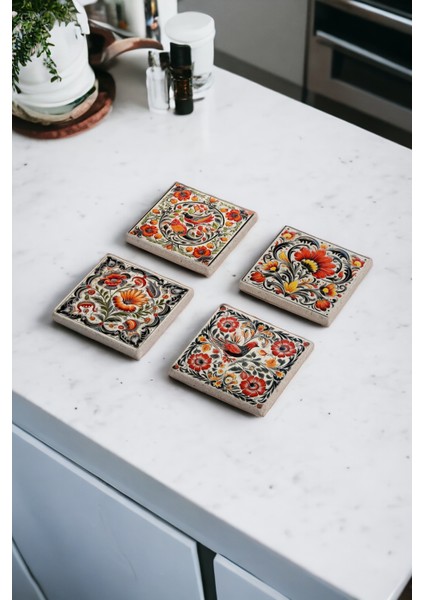 Kırmızı Floral Tile Desen Temalı Doğal Taş Traverten Bardak Altlığı 4 Lü Set