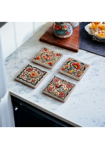 Kırmızı Floral Tile Desen Temalı Doğal Taş Traverten Bardak Altlığı 4 Lü Set fırsatları