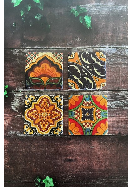 Çiçek Mandala Desenli Doğal Taş Traverten Bardak Altlığı 4 Lü Set