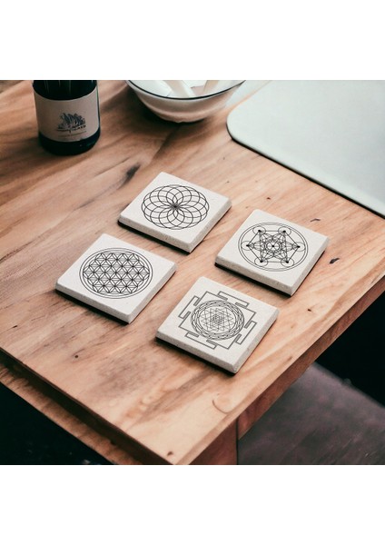 Baum Atelier Sacred Geometry, Metatron, Sri Yantra, Yaşam Çiçeği Stone Coasters Doğal Taş Bardak Altlığı 4 Lü Set