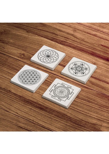 Baum Atelier Sacred Geometry, Metatron, Sri Yantra, Yaşam Çiçeği Stone Coasters Doğal Taş Bardak Altlığı 4 Lü Set