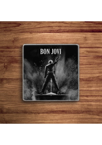 Baum Atelier Bon Jovi Rock Grubu Temalı Doğal Taş Traverten Bardak Altlığı 4 Lü Set