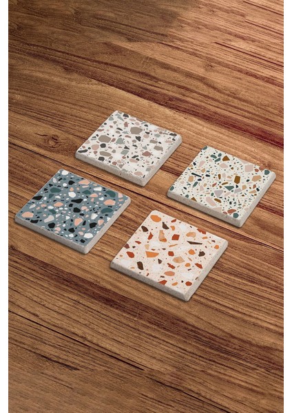 Baum Atelier Renkli Terrazzo Temalı Doğal Taş Traverten Bardak Altlığı 4 Lü Set