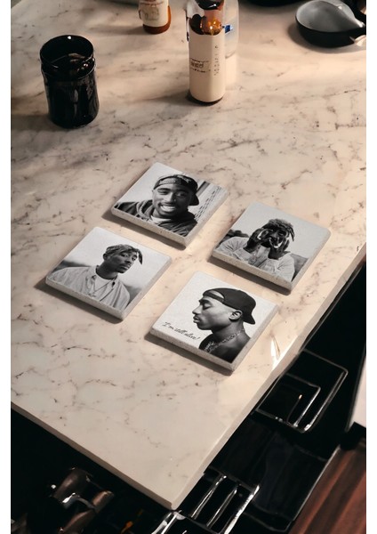 Tupac Shakur, 2pac Temalı Doğal Taş Traverten Bardak Altlığı 4 Lü Set