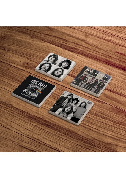 Pink Floyd Rock Grubu Temalı Doğal Taş Traverten Bardak Altlığı 4 Lü Set