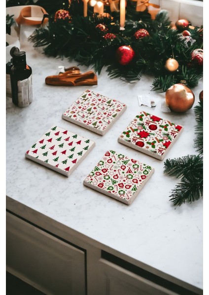 Noel Minik Süsler, Christmas Yeni Yıl Doğal Taş Traverten Bardak Altlığı 4 Lü Set
