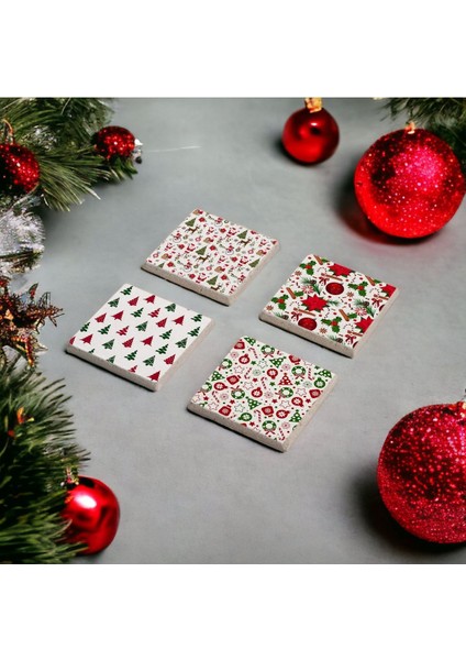 Noel Minik Süsler, Christmas Yeni Yıl Doğal Taş Traverten Bardak Altlığı 4 Lü Set modelleri