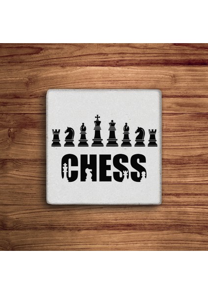 Satranç Desenli, Chess Pattern Doğal Taş Traverten Bardak Altlığı 4 Lü Set