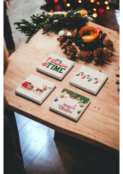 Noel, Noel Baba Geyiği Christmas Temalı Doğal Taş Traverten Bardak Altlığı 4 Lü Set