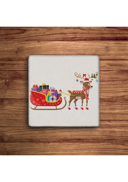 Noel, Noel Baba Geyiği Christmas Temalı Doğal Taş Traverten Bardak Altlığı 4 Lü Set fiyatları