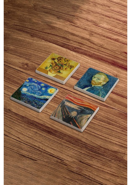 Van Gogh Eserleri ve Tabloları Temalı Doğal Taş Traverten Bardak Altlığı 4 Lü Set modelleri