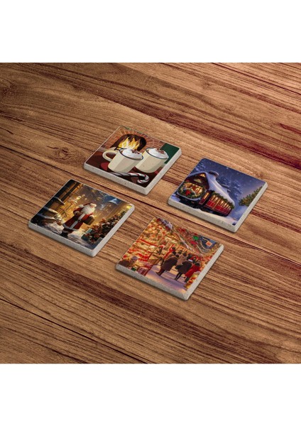 Renkli Noel Yılbaşı Hediyesi Temalı Doğal Taş Traverten Bardak Altlığı 4 Lü Set modelleri