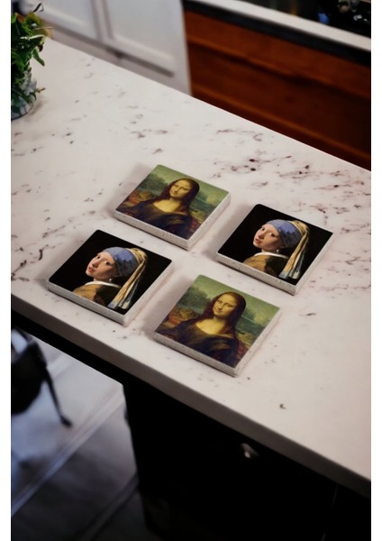 Mona Lisa, Leonardo Da Vinci Tabloları Doğal Taş Traverten Bardak Altlığı 4 Lü Set