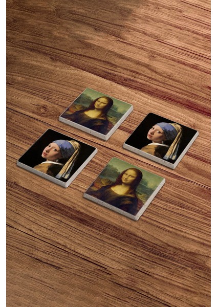 Mona Lisa, Leonardo Da Vinci Tabloları Doğal Taş Traverten Bardak Altlığı 4 Lü Set modelleri