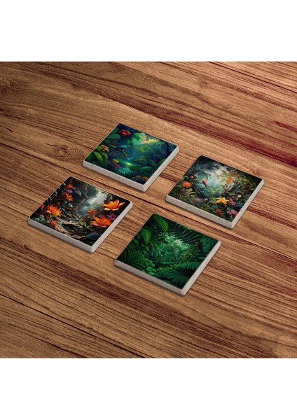Jungle, Doğa ve Vahşi Orman Temalı Doğal Taş Traverten Bardak Altlığı 4 Lü Set modelleri