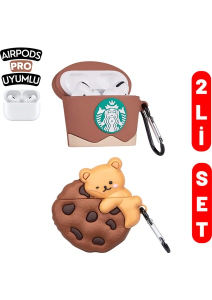 2'li Set - Pro Uyumlu Kahverengi Starbucks ve Kurabiye ve Ayıcık Figürlü Kulaklık Kılıfı Seti