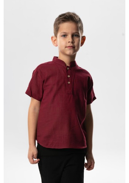 Kısa Kol Şantuklu Pamuk Bodrum Yazlık Erkek Çocuk Tshirt Koyu Bordo 3068