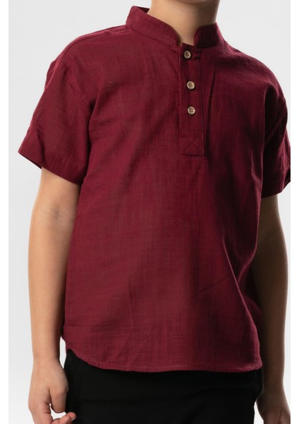 Kısa Kol Şantuklu Pamuk Bodrum Yazlık Erkek Çocuk Tshirt Koyu Bordo 3068