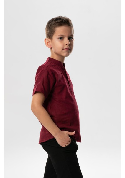 Kısa Kol Şantuklu Pamuk Bodrum Yazlık Erkek Çocuk Tshirt Koyu Bordo 3068