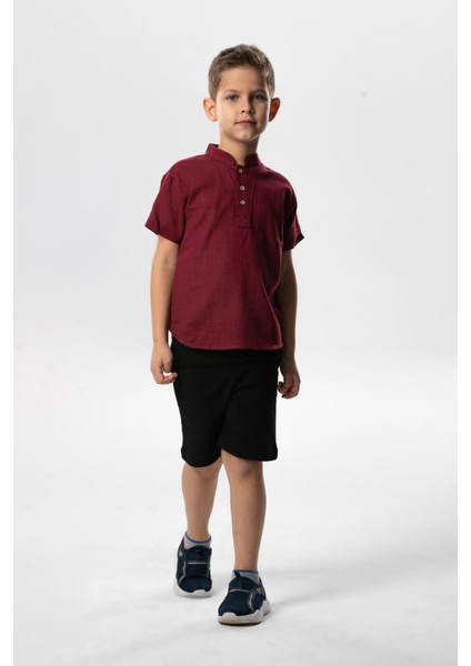 Kısa Kol Şantuklu Pamuk Bodrum Yazlık Erkek Çocuk Tshirt Koyu Bordo 3068
