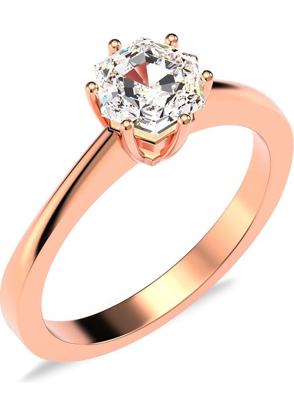 Altıgen Tek Taş Pırlanta Montür Rose Gümüş Yüzük